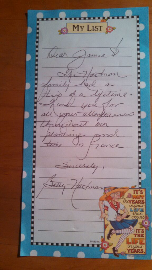 Hand written note from Betty Hartman