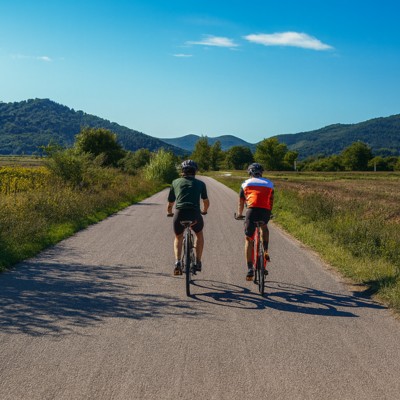 couple of cyclists riding along a relaxed Tuscany road